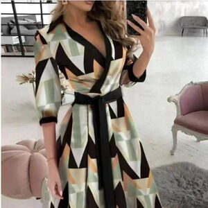 Fashion Long Sleeve V-Neck SHAPED Retro MCM Geometry Printed Wrap Midi Dress